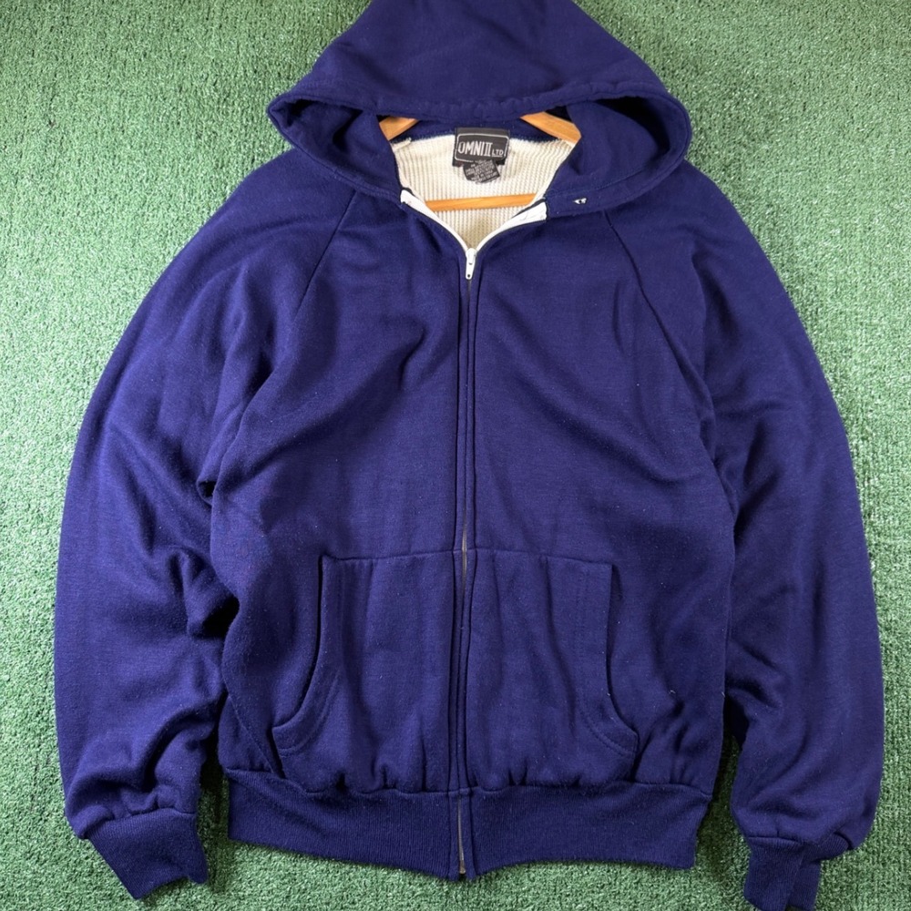OMNII LTD Zip Up Hoodie Mens Large Blue Good Thermal Lined Raglan Sweatshirt